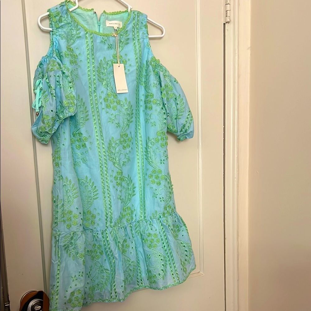nwt melloday blue and green open shoulder dress size: L